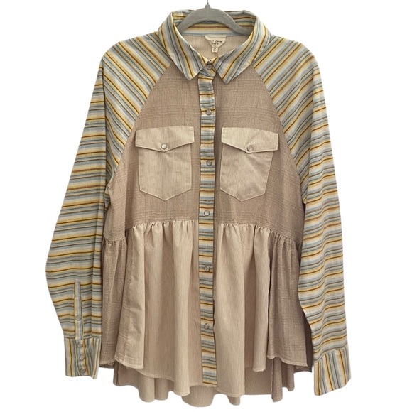 1.4.3. Story by Line Up Tops - 143 Story Long Sleeve Striped Tunic Top Womens Size Medium NWT Linen Cotton Boho